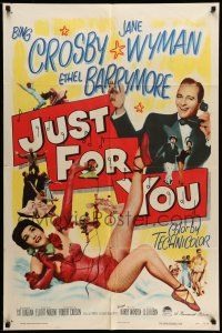9p446 JUST FOR YOU 1sh '52 great image of Bing Crosby & sexy Jane Wyman on telephone!
