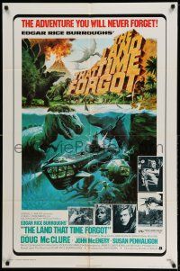 9p471 LAND THAT TIME FORGOT 1sh '75 Edgar Rice Burroughs, cool George Akimoto dinosaur art!
