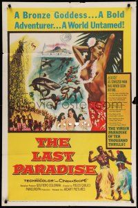 9p473 LAST PARADISE 1sh '57 art of super sexy topless island babes + men fighting sharks!