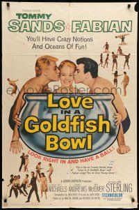 9p495 LOVE IN A GOLDFISH BOWL 1sh '61 great art of Tommy Sands & Fabian kissing pretty girl!