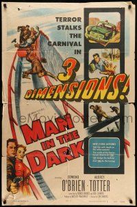 9p515 MAN IN THE DARK 3D 1sh '53 really cool 3-D art of men fighting on rollercoaster!
