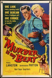 9p563 MURDER IS MY BEAT 1sh '55 Edgar Ulmer film noir, Barbara Payton, cool speeding train art!