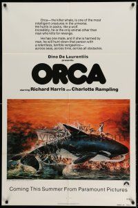 9p613 ORCA advance 1sh '77 art of attacking Killer Whale by John Berkey, it kills for revenge!
