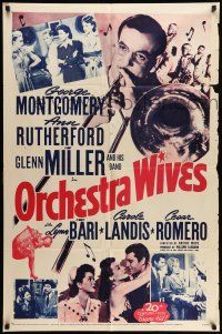 9p614 ORCHESTRA WIVES 1sh R54 close up of Glenn Miller playing trombone, Lynn Bari, Carole Landis!