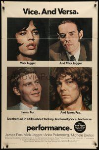 9p628 PERFORMANCE 1sh '70 directed by Nicolas Roeg, Mick Jagger & James Fox trading roles!