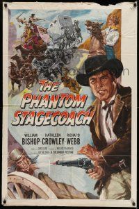 9p630 PHANTOM STAGECOACH 1sh '57 art of William Bishop shooting it out w/bad guys by stage!