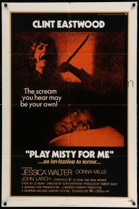 9p637 PLAY MISTY FOR ME 1sh '71 classic Clint Eastwood, Jessica Walter, invitation to terror!