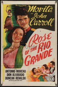 9p690 ROSE OF THE RIO GRANDE 1sh R48 close up of soldier John Carroll & pretty Movita!