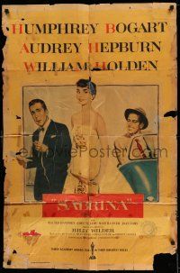 9p701 SABRINA 1sh '54 Audrey Hepburn between Humphrey Bogart & William Holden, Billy Wilder!
