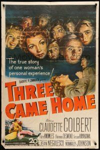 9p851 THREE CAME HOME 1sh '49 artwork of Claudette Colbert & prison women without their men!