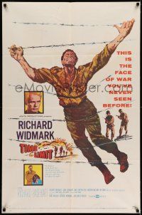 9p871 TIME LIMIT 1sh '57 Richard Widmark, cool art of Korean War soldier in barb-wire fence!
