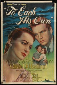 9p874 TO EACH HIS OWN style A 1sh '46 great close up art of pretty Olivia de Havilland & John Lund!