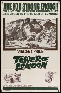 9p889 TOWER OF LONDON military 1sh '62 Vincent Price, Roger Corman, montage of horror artwork!