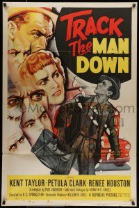 9p894 TRACK THE MAN DOWN 1sh '55 cool art of detective Kent Taylor tracing footsteps, Petula Clark