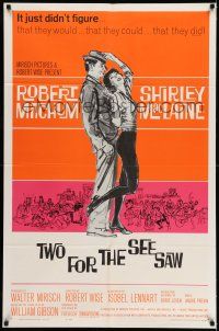 9p904 TWO FOR THE SEESAW 1sh '62 art of Robert Mitchum & sexy beatnik Shirley MacLaine!