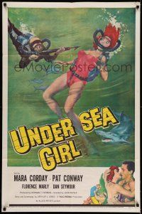 9p916 UNDERSEA GIRL 1sh '57 cool artwork of sexy deep sea scuba diver in peril!