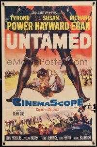 9p923 UNTAMED 1sh '55 cool art of Tyrone Power & Susan Hayward in Africa with natives!