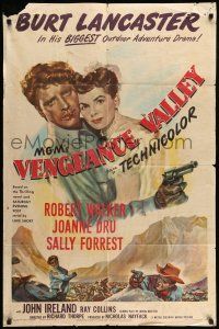 9p931 VENGEANCE VALLEY 1sh '51 art of Burt Lancaster holding Joanne Dru & pointing gun!