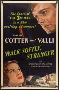 9p948 WALK SOFTLY STRANGER 1sh '50 art of Joseph Cotten & pretty Alida Valli, film noir!