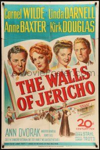 9p950 WALLS OF JERICHO 1sh '48 artwork of Cornel Wilde, Darnell, Ann Baxter & Kirk Douglas