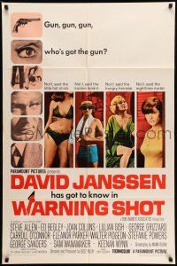 9p955 WARNING SHOT 1sh '66 David Janssen, Joan Collins, sexy girls, who's got the gun?