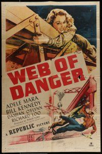 9p960 WEB OF DANGER 1sh '47 cool art of sexy Adele Mara in trouble high up in the sky!