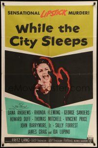 9p966 WHILE THE CITY SLEEPS style A 1sh '56 great image of Lipstick Killer's victim, Fritz Lang!