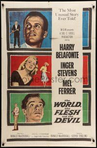9p990 WORLD, THE FLESH & THE DEVIL 1sh '59 Inger Stevens, Harry Belafonte & Mel Ferrer!
