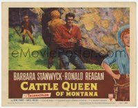 9r605 CATTLE QUEEN OF MONTANA LC #3 '54 cool image of Barbara Stanwyck & Ronald Reagan w/gun drawn!