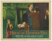 9r743 HOUSE ON HAUNTED HILL LC #2 '59 close up of Vincent Price choking man by sleeping girl!