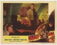 9r875 RAW DEAL LC #2 '48 tough guy Dennis O'Keefe stares down at sexy Claire Trevor on bed!