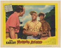 9r963 VOODOO ISLAND LC #8 '57 Boris Karloff w/ camera & arguing with Rhodes Reason & Murvyn Vye!