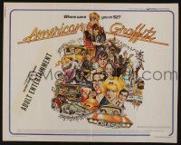 9t015 AMERICAN GRAFFITI 1/2sh '73 George Lucas teen classic, wacky Mort Drucker artwork of cast!