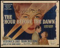 9t163 HOUR BEFORE THE DAWN style A 1/2sh '44 huge close up artwork of Nazi spy Veronica Lake!