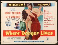 9t001 WHERE DANGER LIVES style A 1/2sh '50 art of Robert Mitchum grabbing Faith Domergue with gun!