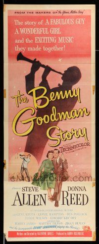 9t471 BENNY GOODMAN STORY insert '56 Steve Allen as Goodman, Donna Reed, Gene Krupa, Brown art!