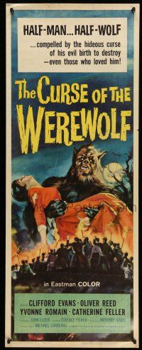 9t538 CURSE OF THE WEREWOLF insert '61 Hammer, art of Oliver Reed holding victim surrounded by mob