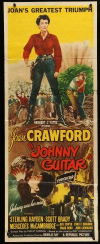 9t642 JOHNNY GUITAR insert '54 artwork of Joan Crawford reaching for gun, Nicholas Ray