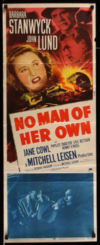 9t717 NO MAN OF HER OWN insert '50 Barbara Stanwyck, cool artwork of exploding train!