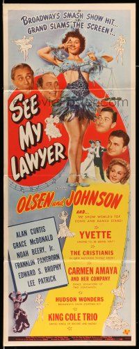 9t767 SEE MY LAWYER insert '44 Ole Olsen & Chic Johnson, sexy Grace McDonald, King Cole Trio!