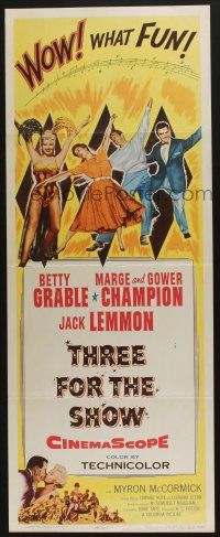 9t805 THREE FOR THE SHOW insert '54 Betty Grable, Jack Lemmon, Marge & Gower Champion!