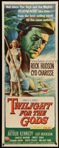 9t821 TWILIGHT FOR THE GODS insert '58 great artwork of Rock Hudson & sexy Cyd Charisse on beach!