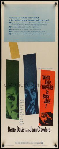 9t837 WHAT EVER HAPPENED TO BABY JANE? insert '62 Robert Aldrich, Bette Davis & Joan Crawford!