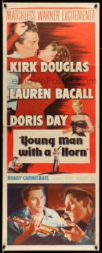 9t847 YOUNG MAN WITH A HORN insert '50 jazz man Kirk Douglas, sexy Lauren Bacall + Doris Day!