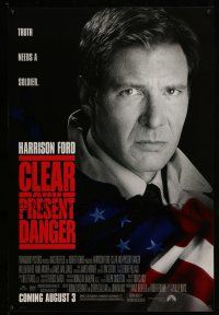 9w139 CLEAR & PRESENT DANGER advance 1sh '94 great portrait of Harrison Ford and American flag!