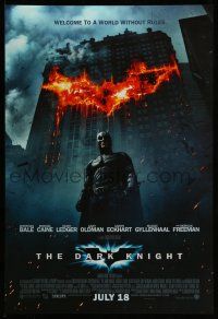 9w164 DARK KNIGHT int'l advance DS 1sh '08 Christian Bale as Batman in front of flaming building!