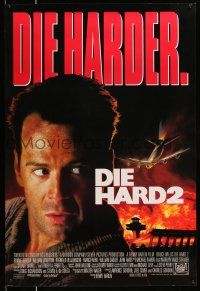 9w196 DIE HARD 2 int'l DS 1sh '90 tough guy Bruce Willis, image of airplane and fire over airport!