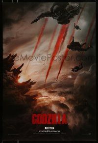 9w279 GODZILLA teaser DS 1sh '14 image of soldiers parachuting over burning San Francisco!