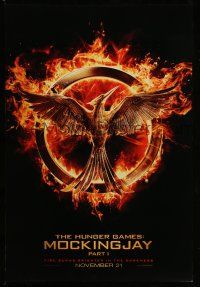 9w340 HUNGER GAMES: MOCKINGJAY - PART 1 teaser DS 1sh '14 logo, fire burns brighter in the darkness