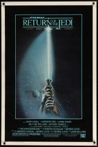 9w611 RETURN OF THE JEDI 1sh '83 George Lucas, art of hands holding lightsaber by Tim Reamer!